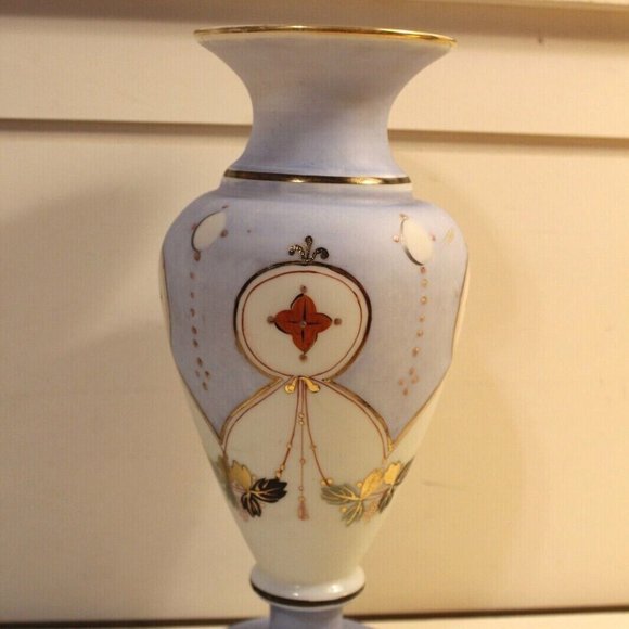 Antique White Opaline Hand Painted Glass Vase Blue Enameled Accents Gold Guilded - Picture 1 of 8